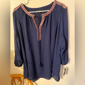 Blouse by Signature studio navy blue with trim V neck and ties with tassels.